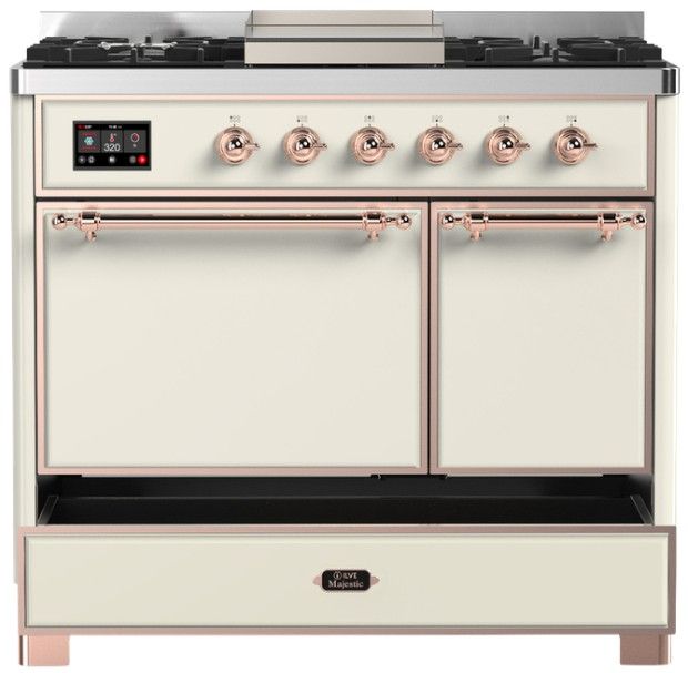 Ilve® Majestic III 40" Antique White Pro Style Dual Fuel Liquid Propane Range with Solid Door and Copper Trim-2