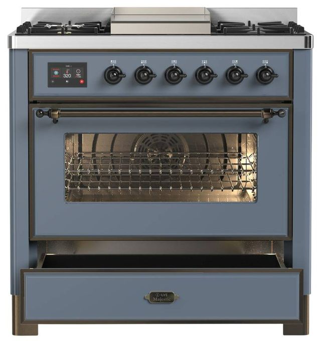 Ilve® Majestic III 36" Blue Gray Pro Style Dual Fuel Natural Gas Range with Triple Glass Door and Burnished Trim-3