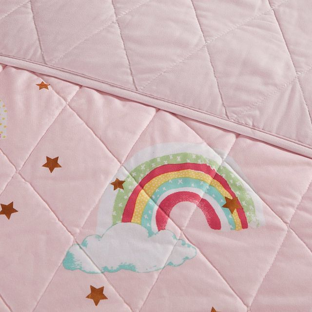 Olliix by Mi Zone Kids Alicia Pink Full/Queen Rainbow with Metallic Printed Stars Reversible Coverlet Set-4