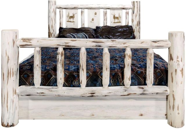 Montana Woodworks® Montana Collection Clear Lacquer Twin Storage Bed with Laser Engraved Elk Design-1