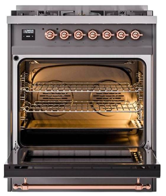 Ilve® Nostalgie II Noblesse 30" Graphite Matte Pro Style Dual Fuel Range with Copper Trim-2