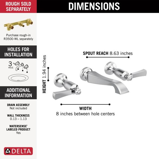 Delta Dorval® Chrome 2-Handle Wall Mount Bathroom Faucet Trim Only-1
