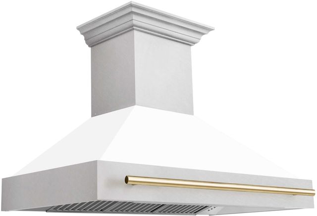 ZLINE Autograph Edition 48" Satin Stainless Steel Wall Mounted Range Hood ith White Matte Shell and Polished Gold Handle -0