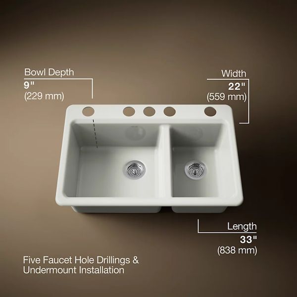 KOHLER® Riverby® Dune 33" Undermount Double-Bowl Workstation Kitchen Sink-3