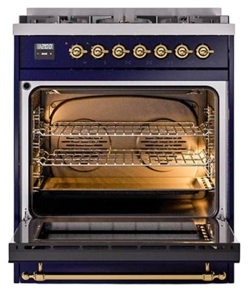 Ilve® Nostalgie II Noblesse 30'' Midnight Blue Pro Style Dual Fuel Range with Brass Trim-1
