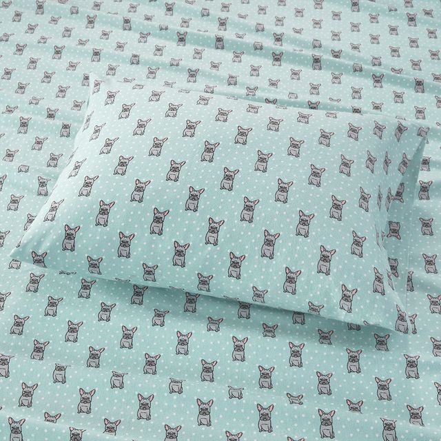 Olliix by True North by Sleep Philosophy Aqua French Bulldog Full Cozy 100% Cotton Flannel Printed Sheet Set-1