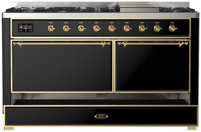 Ilve® Majestic III 60" Glossy Black Pro Style Dual Fuel Natural Gas Range with Solid Door and Brass Trim-1