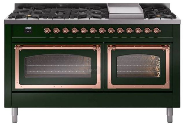 Ilve® Nostalgie II Noblesse 60'' Emerald Green Pro Style Dual Fuel Range with Copper Trim-0