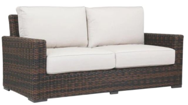 Sunset West Montecito Cognac Resin Wicker Outdoor Loveseat with Canvas Flax Cushion-0