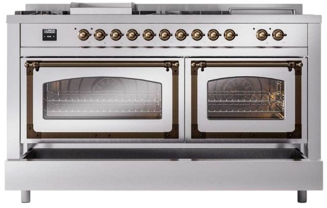 Ilve® Nostalgie II Noblesse 60'' Stainless Steel Pro Style Dual Fuel Range with Burnished Trim-3