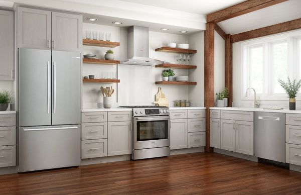 Open Bosch dishwasher showing loaded racks