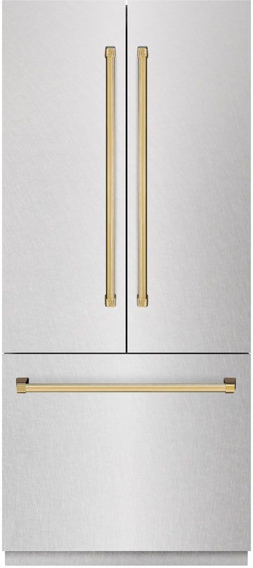 ZLINE Autograph Edition 36" 19.6 Cu. Ft. Satin Stainless Steel Built-In French Door  Refrigerator with Polished Gold Accents-0