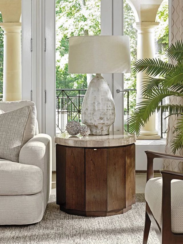 Lexington Home Laurel Canyon Glendora Silver Travertine Top Drum Table with Warm Mocha Base-3