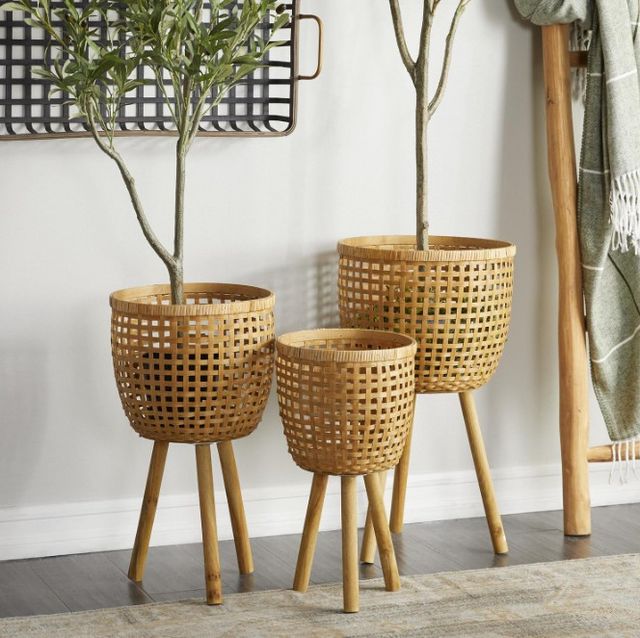 Deco Marche 3-Piece Brown Bamboo Woven Basket Planter Set with Wooden Tripod Legs-2