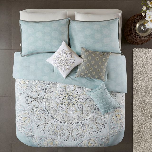 Olliix by Madison Park 7 Piece Seafoam Queen Lucinda Reversible Cotton Sateen Comforter Set-2