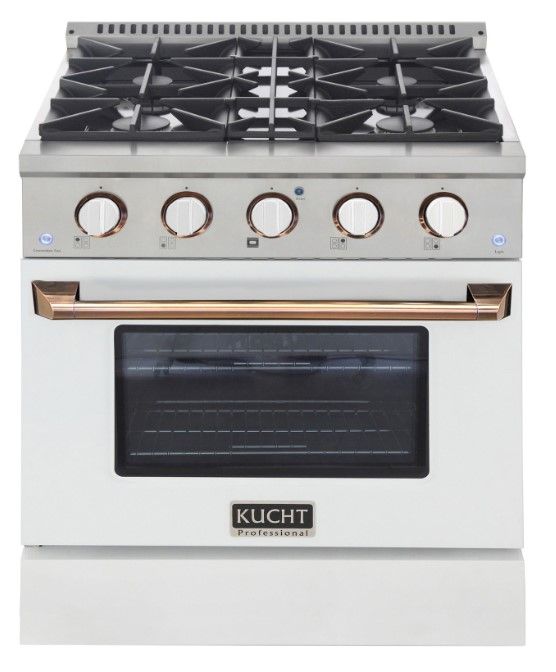 Kucht Professional KDF Series 30" Stainless Steel Pro Style Dual Fuel Range with White Door and Gold Handle-0