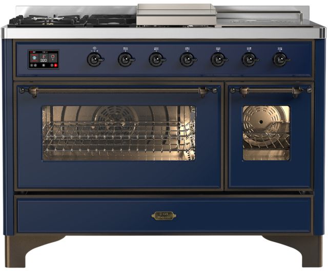 Ilve® Majestic III 48" Midnight Blue Pro Style Dual Fuel Natural Gas Range with 5 Black Brass Burners and Burnished Trim-0