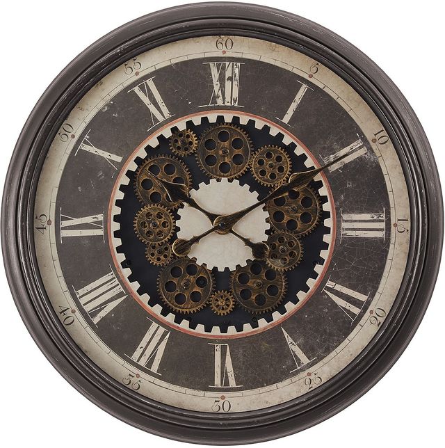 Monarch Specialties Inc. Brown 23" Round Wall Clock with Roman Numerals on Beige/Black Background an-0