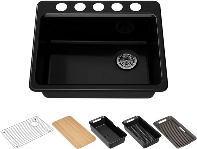 KOHLER® Riverby® Black 27" Undermount Single-Bowl Workstation Kitchen Sink with Accessories-0