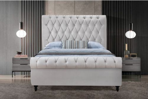 Milton Greens Stars Light Gray Queen Velvet Rolled Top Tufted Platform Bed-2