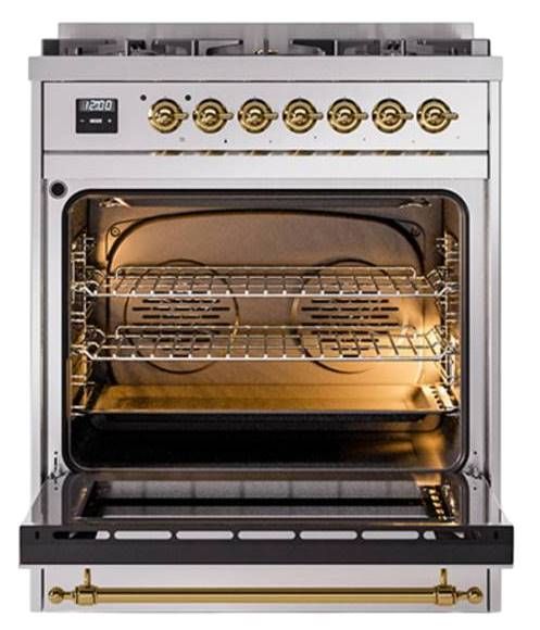 Ilve® Nostalgie II Noblesse 30'' Stainless Steel Pro Style Dual Fuel Range with Brass Trim-1