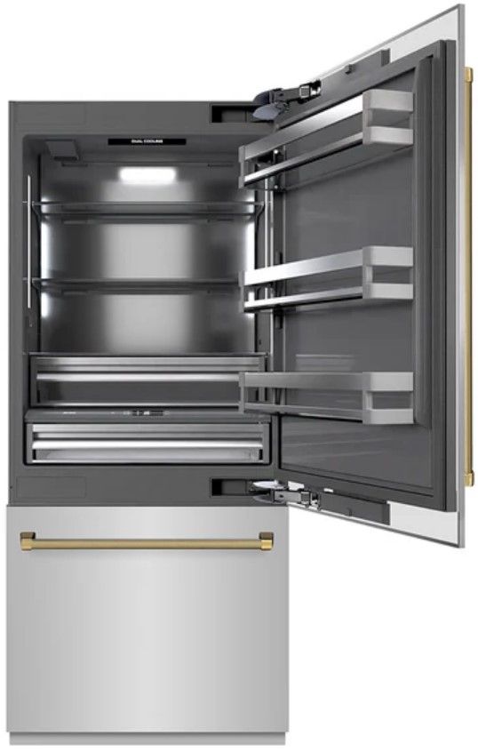 ZLINE Autograph Edition 36" 19.8 Cu. Ft. Stainless Steel Built In Bottom Freezer Refrigerator with Water Dispenser, Ice Maker, Graphite Gray Interior and Polished Gold Helix Handles-2