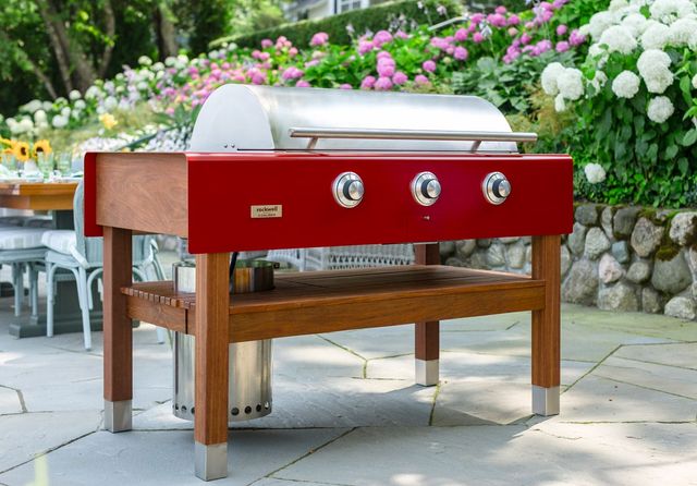 Caliber™ Signature Rockwell 3-Burner Crimson Freestanding Liquid Propane Grill with Wood Base and Castors-1