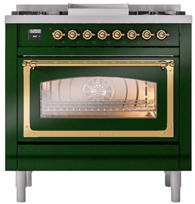 Ilve® Nostalgie II Noblesse 36'' Emerald Green Pro Style Dual Fuel Range with Brass Trim-1