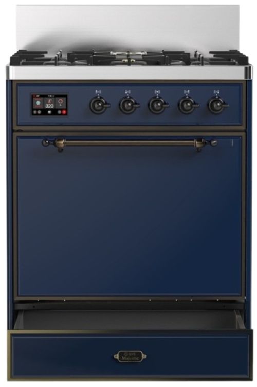 Ilve® Majestic III 30" Midnight Blue Pro Style Dual Fuel Natural Gas Range with Solid Door and Burnished Trim-2