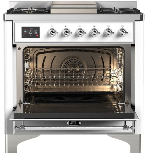 Ilve® Majestic III 36'' White Pro Style Dual Fuel Liquid Propane Range with Triple Glass Door and Chrome Trim-2