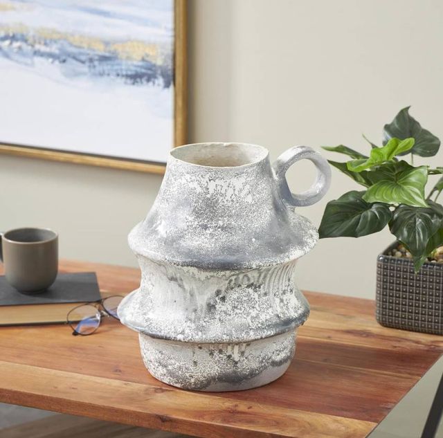 Deco Marche Light Gray Distressed Fluted Vase with Ring Handle-4
