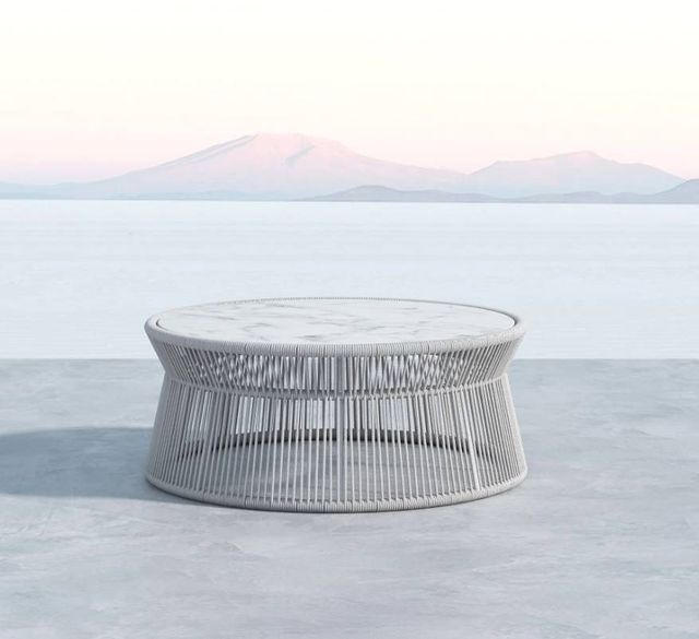 Sunset West Miami White Marble/Natural Fibers Outdoor Coffee Table with Frost Metal Base-2