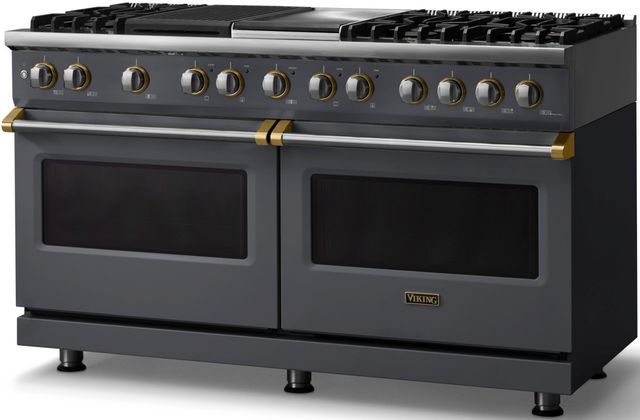 Viking® 5 Series 60" Cast Black Pro Style Dual Fuel (NG) Range with Brushed Brass Trim-2