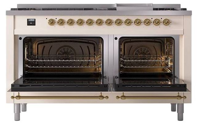 Ilve® Nostalgie II Noblesse 60'' Antique White Pro Style Dual Fuel Range with Brass Trim-2