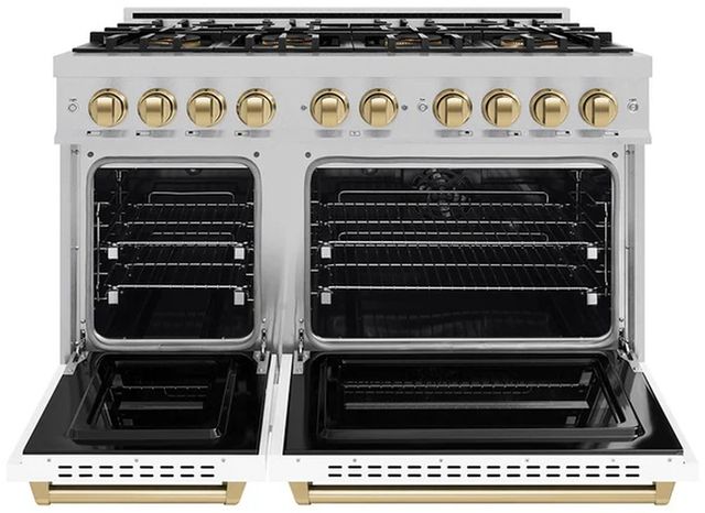 ZLINE Autograph Edition 48" 6.7 cu. ft. Dual Fuel Range with 8 Burner DuoPro™ Cooktop and Dual Ovens in Satin Stainless Steel with White Matte Doors and Champagne Bronze Accents-1