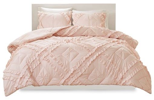 Olliix by Intelligent Design Kacie Blush Twin/Twin XL Solid Coverlet Set with Tufted Diamond Ruffles-0