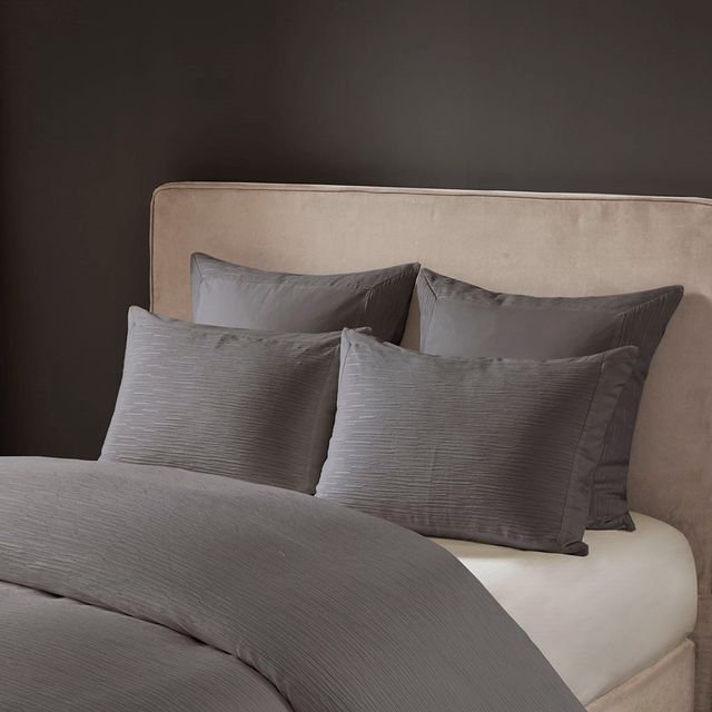 Olliix by N Natori 3 Piece Grey Full/Queen Hanae Cotton Blend Yarn Dyed Comforter Set-2
