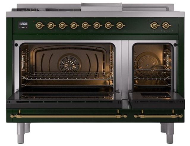 Ilve® Nostalgie II Noblesse 48'' Emerald Green Pro Style Dual Fuel Range with Brass Trim-2