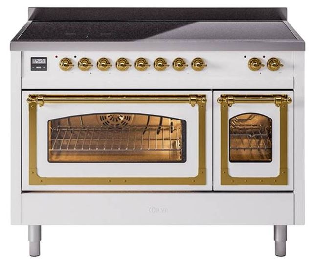 Ilve® Nostalgie II Noblesse 48'' White Pro Style Induction Range with Brass Trim-0