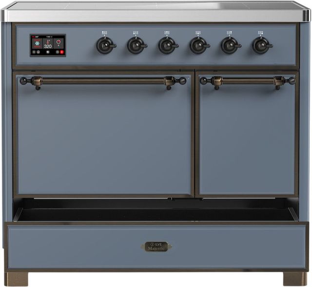 Ilve® Majestic III 40" Blue Gray Pro Style Induction Range with Solid Door and Burnished Trim-2