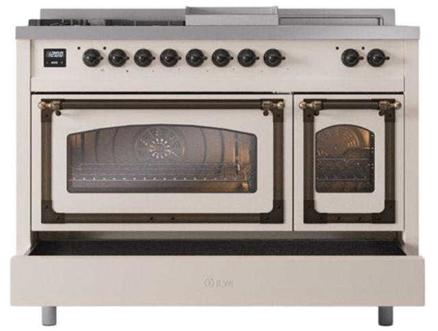 Ilve® Nostalgie II Noblesse 48'' Antique White Pro Style Dual Fuel Range with Burnished Trim-3
