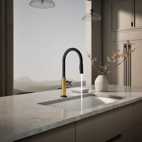 KOHLER® Billet® Brushed Moderne Brass/Matte Black Touchless Kitchen Sink Faucet with 2-Function Sprayhead and Single Cross-Handle-2
