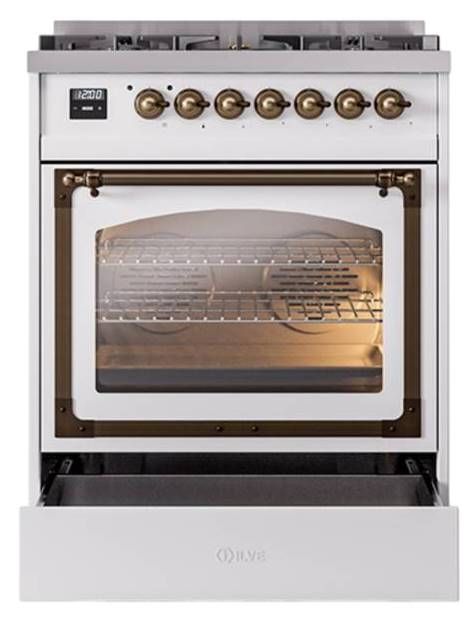 Ilve® Nostalgie II Noblesse 30" White Pro Style Dual Fuel Range with Burnished Trim-3