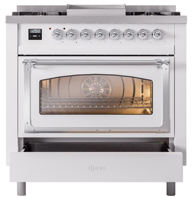 Ilve® Nostalgie II Noblesse 36'' White Pro Style Dual Fuel Range with Chrome Trim-3
