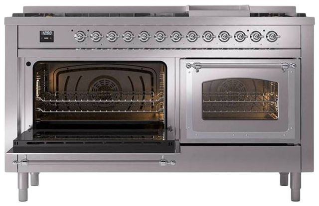 Ilve® Nostalgie II Noblesse 60'' Stainless Steel Pro Style Dual Fuel Range with Chrome Trim-3