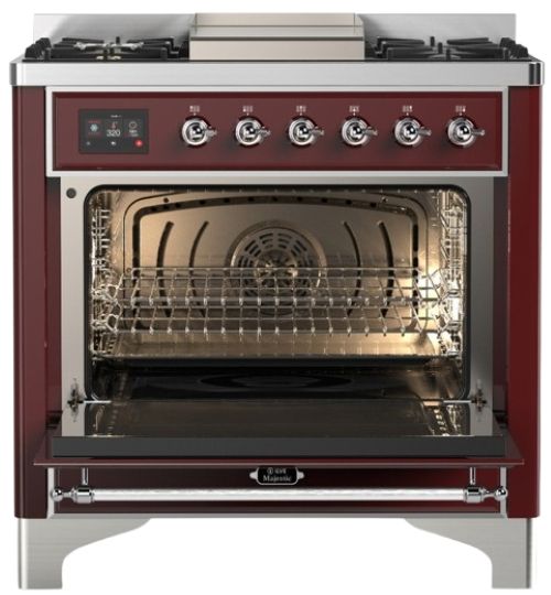 Ilve® Majestic III 36" Burgundy Pro Style Dual Fuel Liquid Propane Range with 6 Black Brass Burners and Chrome Trim-1