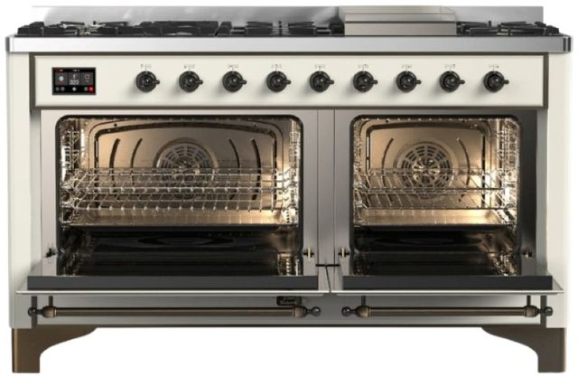 Ilve® Majestic III 60" Antique White Pro Style Dual Fuel Liquid Propane Range with Solid Door and Burnished Trim-1