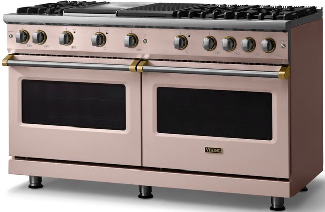 Viking® 5 Series 60" Blush Pro Style Gas (LP) Range with Brushed Brass Trim-2