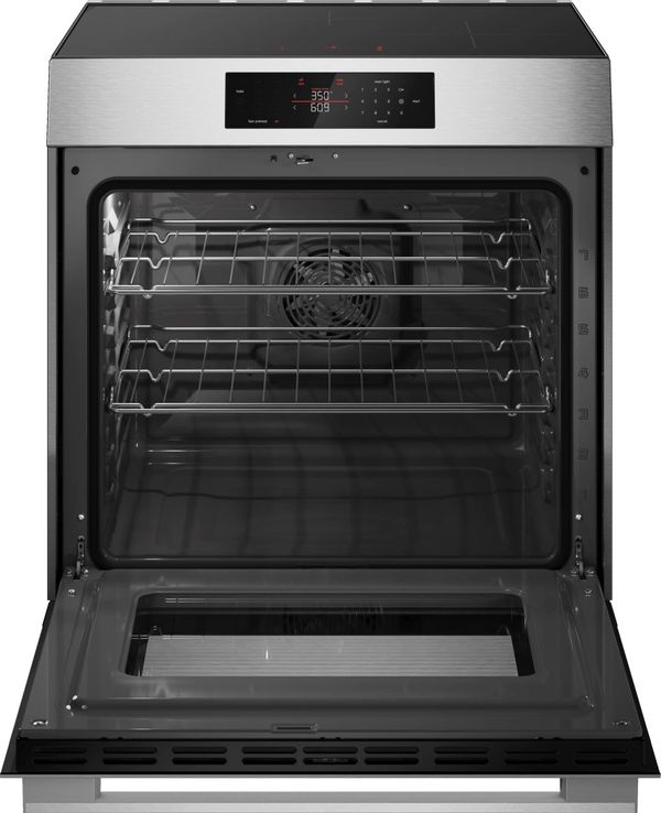 Bosch 500 Series 30” Stainless Steel Induction Slide-In Range with Essex cabinets in White
