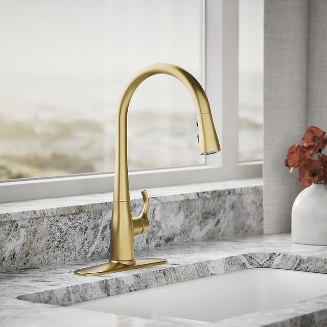 KOHLER® Simplice® Vibrant Brushed Moderne Brass Pull-Down Kitchen Sink Faucet with Three-Function Sprayhead-1
